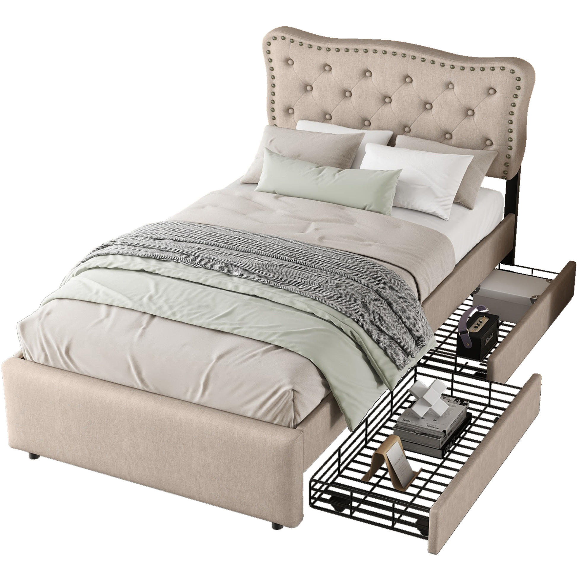 POLSTERBETT 90/200 cm dunkelbeige mit Schubladen und dekorativen Nieten - Beige, Textil (90/200cm) - OKWISH