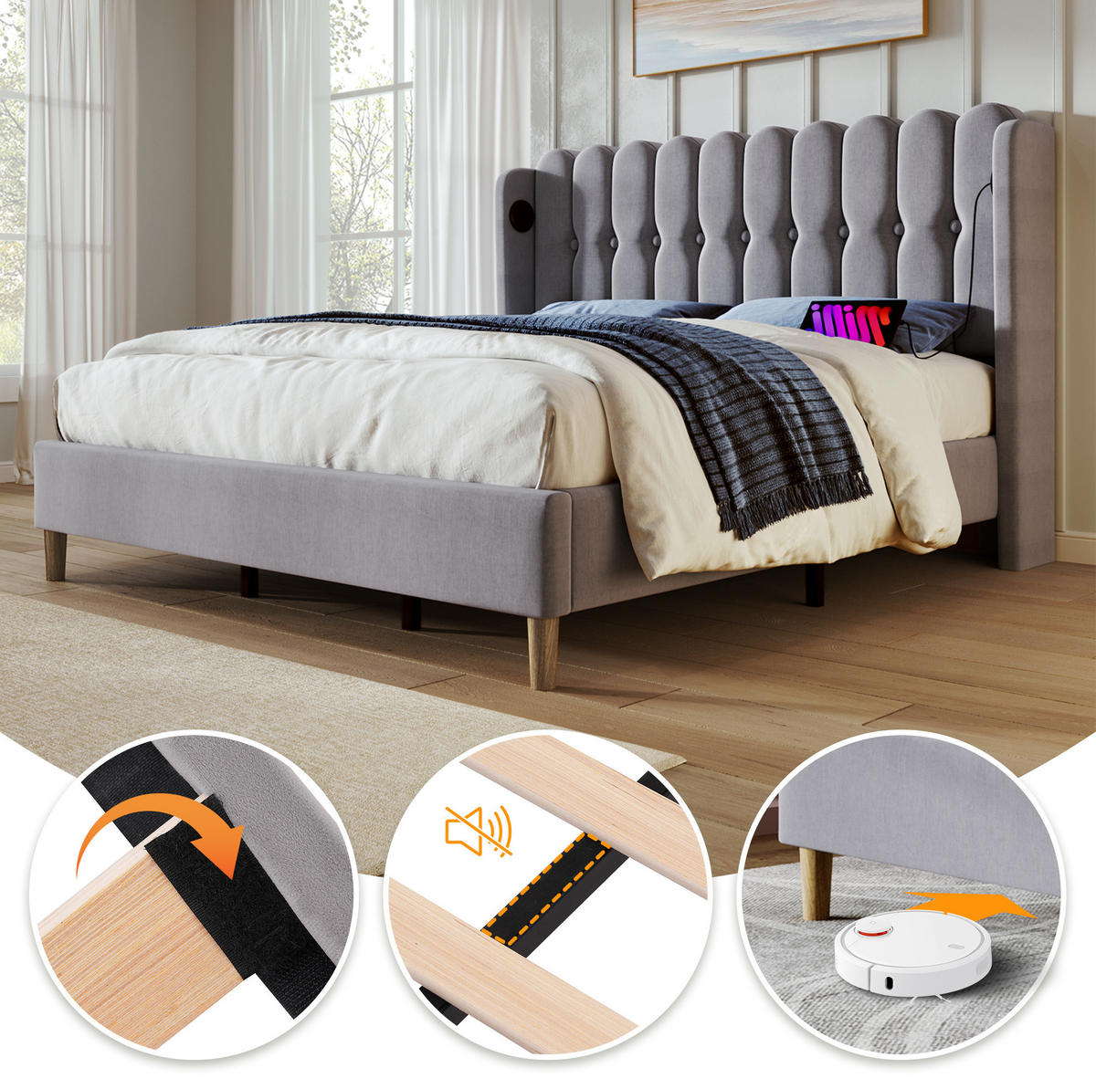 POLSTERBETT 140/200 cm Grau aus Leinen mit USB- und Typ-C-Ladefunktion - Grau, Textil (140/200cm) - OKMYHOME