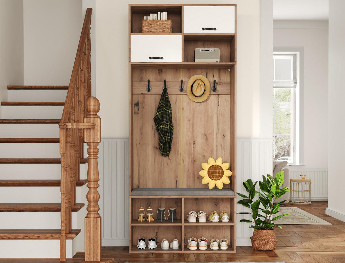 GARDEROBENSET 80/35/185 cm aus Spanplatte mit Sitzbank und LED-Beleuchtung Weiß/Naturfarben - Naturfarben, Holzwerkstoff (80/185/35cm) - Modenvie