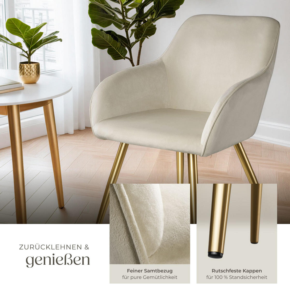 ESSZIMMERSTUHL 1er Set Marilyn 58 x 62 x 82 cm creme/gold - Goldfarben/Creme, Textil (58/82/62cm) - tectake