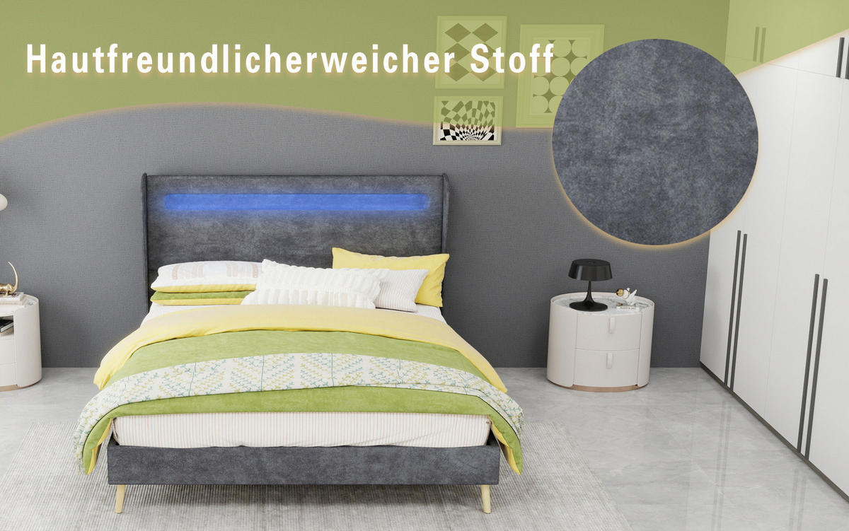 POLSTERBETT 140/200 cm mit LED-Beleuchtung, verstellbarer Rückenlehne und Matratze, Grau - Grau, Textil (140/200cm) - Redom