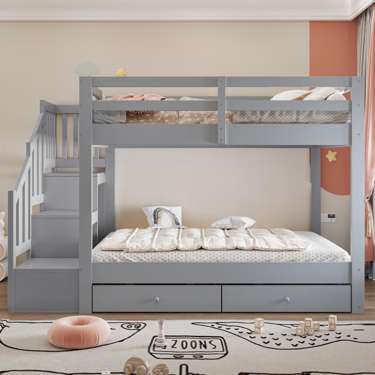 HOLZ-ETAGENBETT 140 x 200 cm mit Stauraumleiter, Grau - Grau, Holz (140/200cm) - FLIEKS