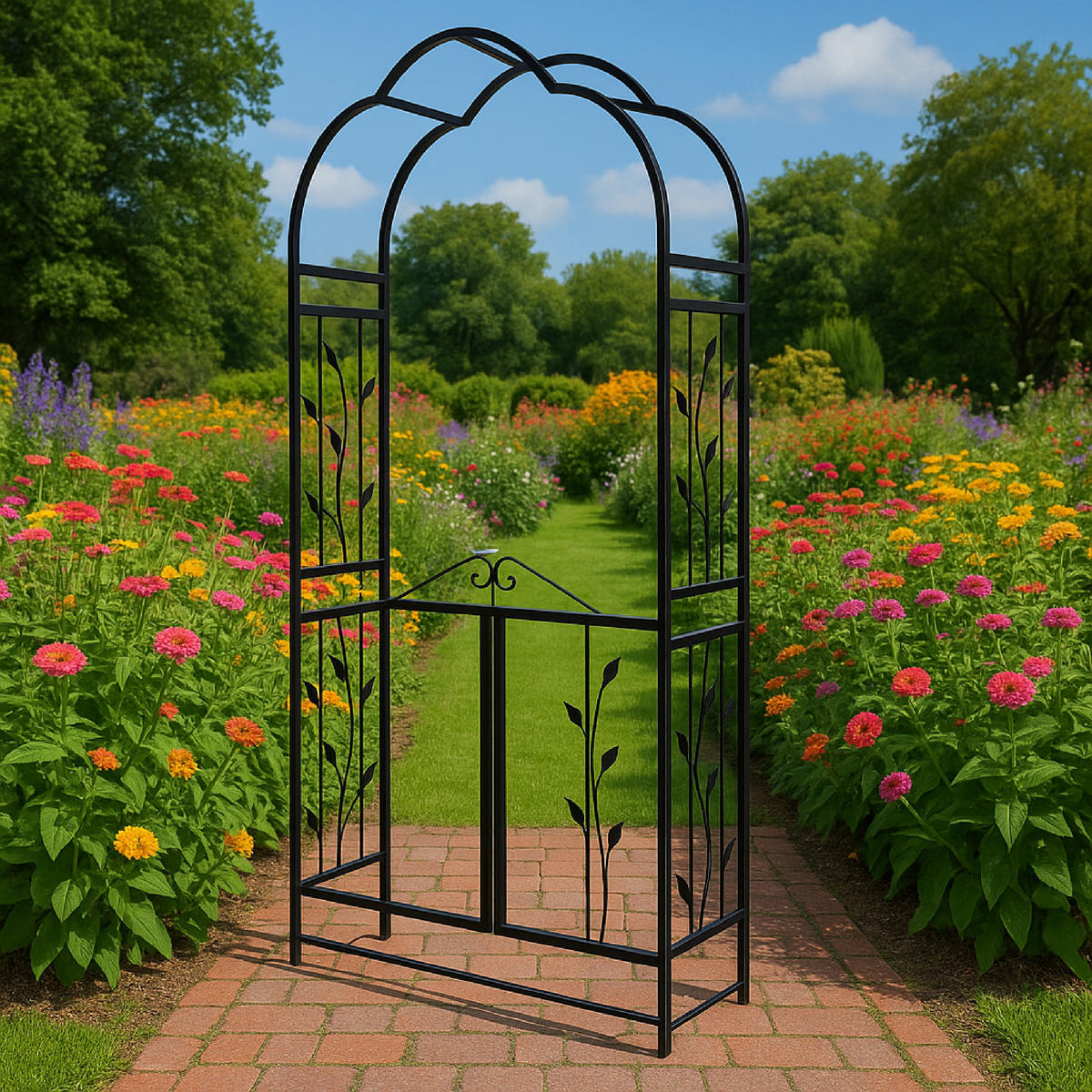ROSENBOGEN Bury - Rankhilfe mit Oberteil und Doppel-Torpforte. Seitenteile und Tor mit Blumenverzierung. BxTxH: 120x40x220 cm - Schwarz, Metall (120/220/40cm) - TPFGarden