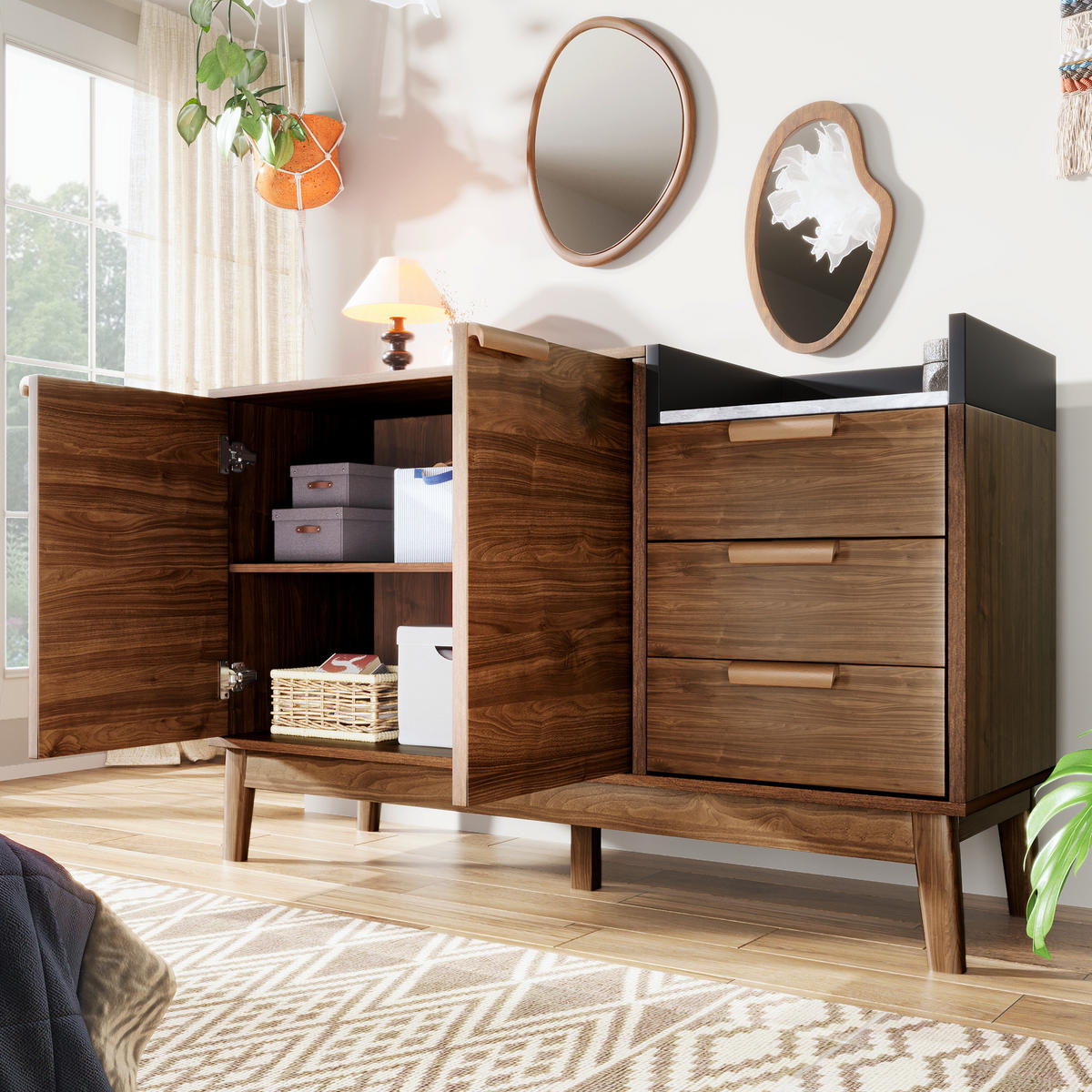SIDEBOARD Holzoptik Braun, mit 2 Türen, 3 Schubladen und offenem Ablagefach, 120/40/77 cm - Nussbaumfarben, Holzwerkstoff (120/77/40cm) - WISHDOR