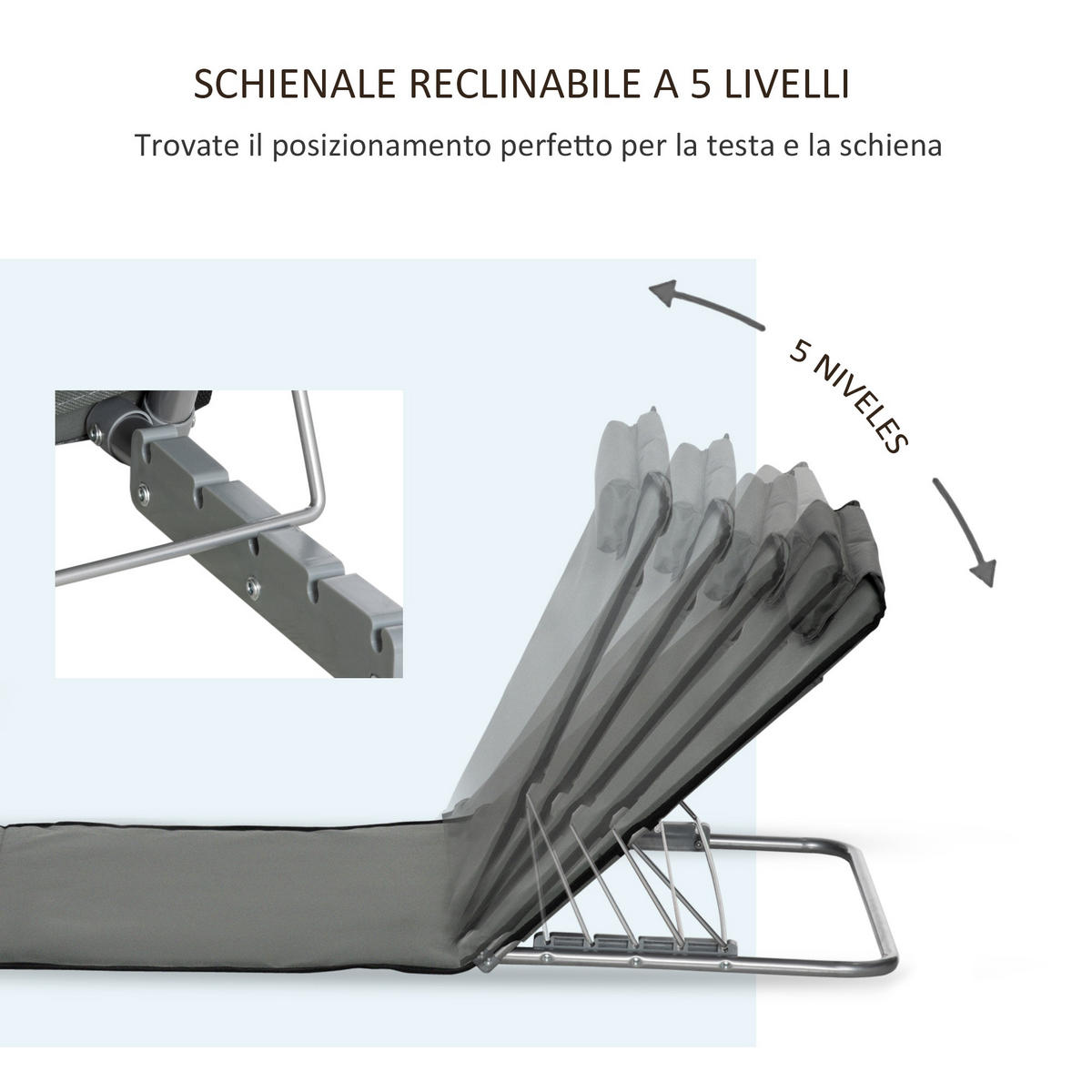 SONNENLIEGE Set mit 2 klappbaren Strandliegen mit 5-fach verstellbarer Rückenlehne und Tragetasche,124*53*45 cm,,Grau - Grau, Metall (53/45/124cm) - Vallsero