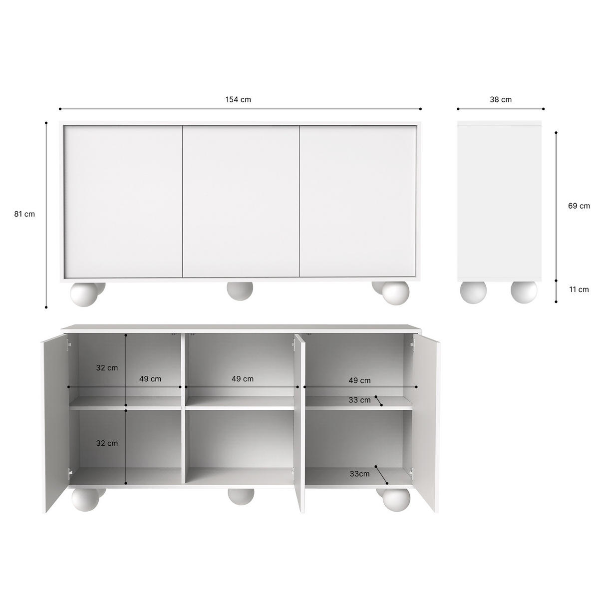 KOMMODE Adel mit 3 Türen und runden Füßen, 154 cm, Griffloss, Weiß - Weiß, Holzwerkstoff (154/81/38cm) - Beautysofa