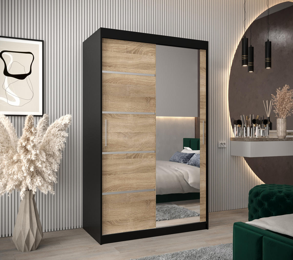 SCHWEBETÜRENSCHRANK 200/120/62 2-türig - Silberfarben/Schwarz, Holz/Kunststoff (120/200/62cm) - Abiks Möbel