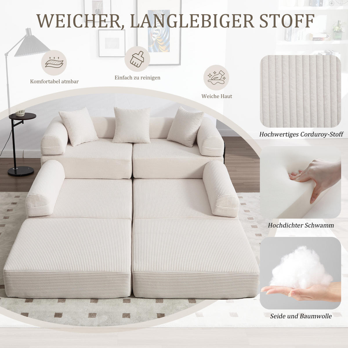 SOFA modular mit Schlaffunktion 270x180 cm Cord Beige - Beige, Kunststoff (180/64/270cm) - Meubliv