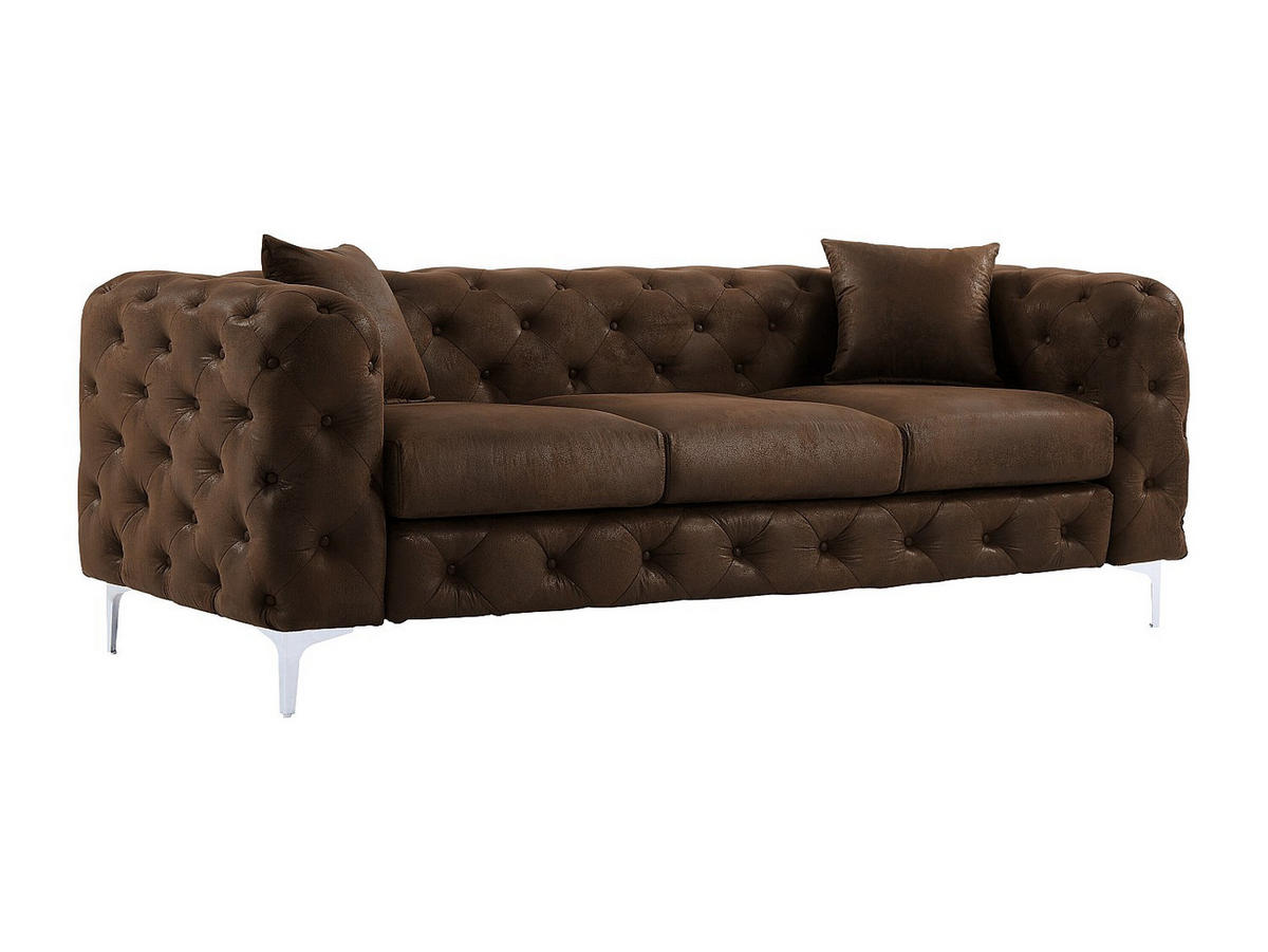 CHESTERFIELD Sofa 3-Sitzer - Mikrofaser - Vintage-Leder-Optik - EDWINA - Braun, Textil (220/76/91cm) - Vente-Unique