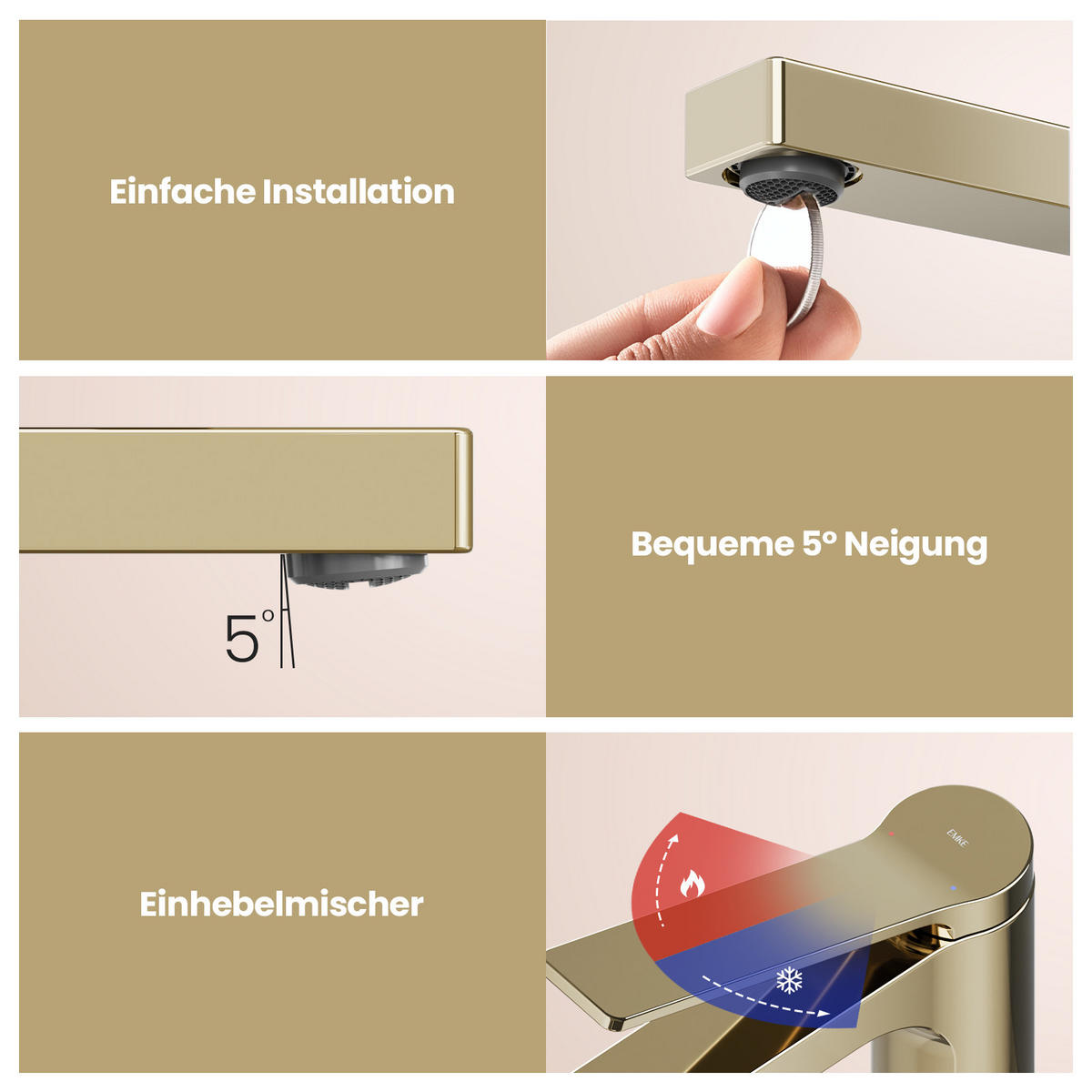 WASCHTISCHARMATUR mit Spulen-Zertifiziertem Filterelement Champagnergold - Goldfarben, Metall (17.3/4.6/19.5cm) - EMKE