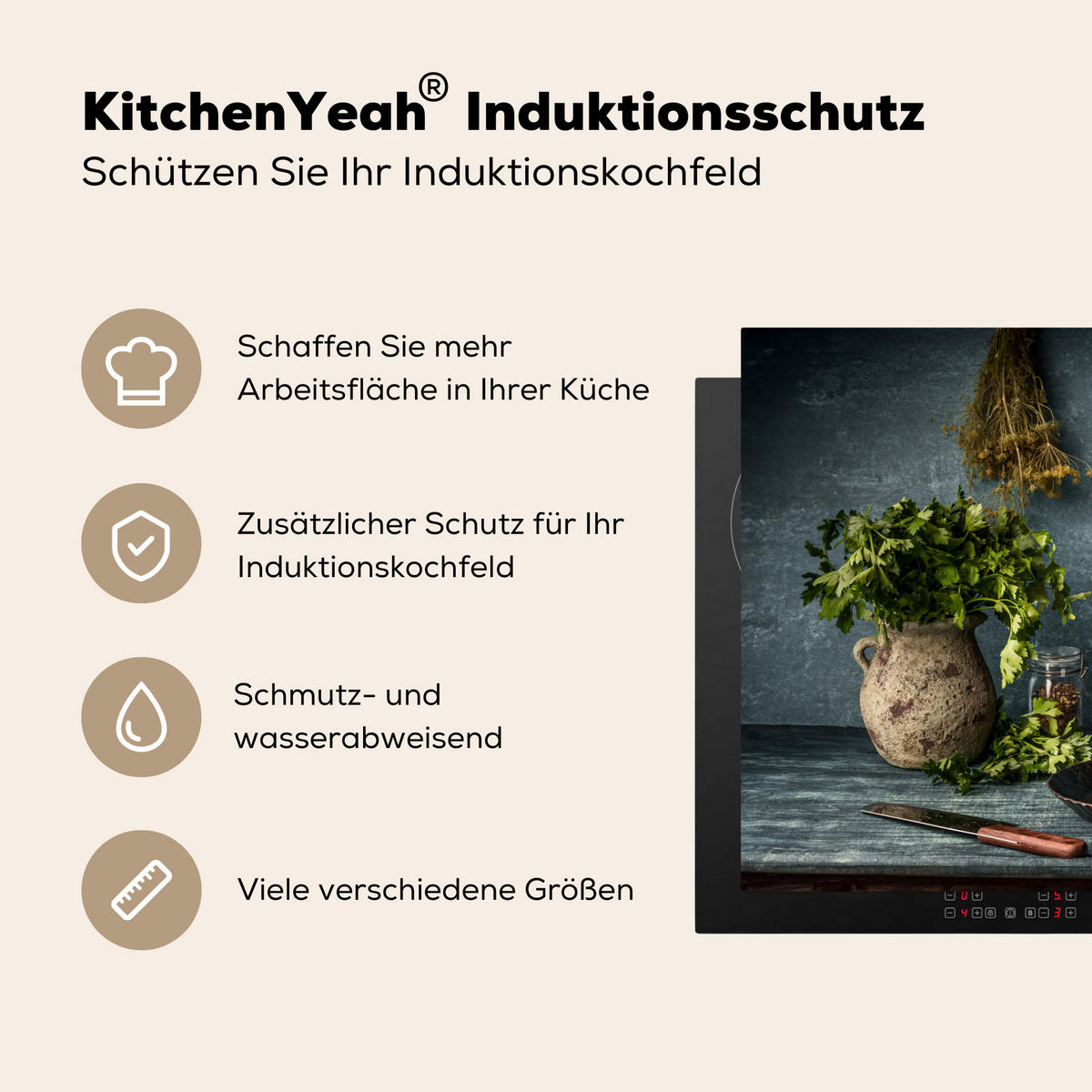 HERDABDECKPLATTE Kräuter - Gewürze - Pfanne - Messer - Grau - Rustikal 81x52 cm - Petrol, Kunststoff (81.2/0.2/52cm) - MuchoWow