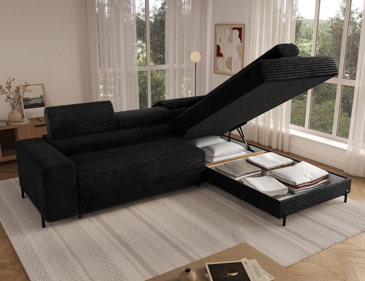 ECKSOFA COLESIO L-Form, Schlaffunktion, Bettkasten, verstellbare Kopfstützen, Wellenfederung, Metallfüße, breiter Cordstoff - Schwarz, Kunststoff/Metall (204/269cm) - Wohnideebilder