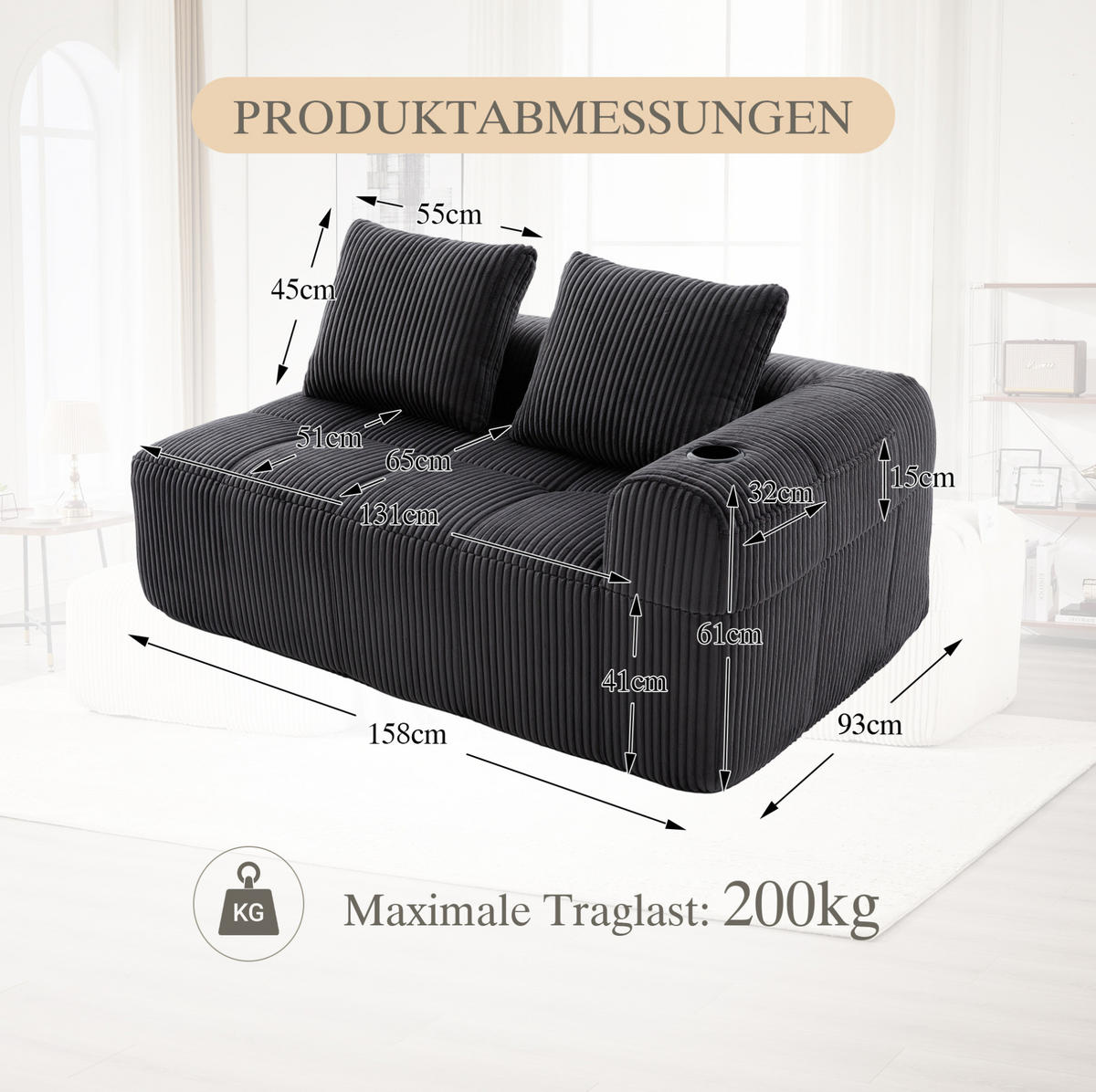 2-SITZER 158/93/61 cm Dunkelgrau aus Cord mit Seitenfächern und Becherhaltern - Dunkelgrau, Textil (93/61/158cm) - OKMYHOME