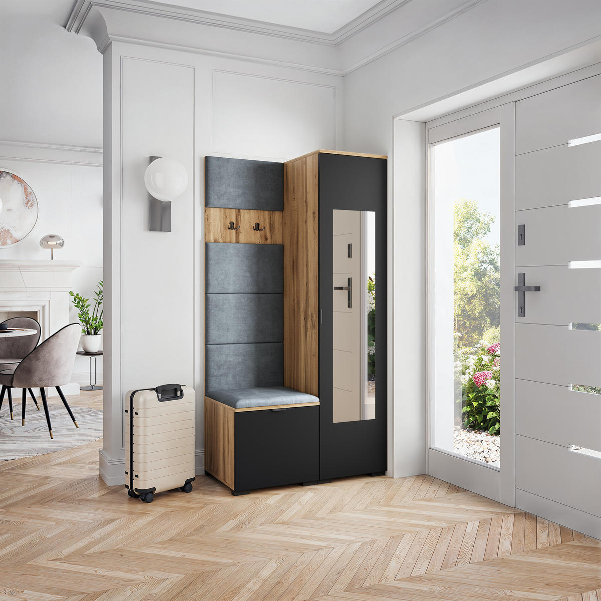 GARDEROBENSCHRANK VIRA 95/181/51 cm Modern Garderobe-Set Eiche Wotan - Eiche Wotan/Schwarz, Holzwerkstoff (95/181/51cm) - MASSENO