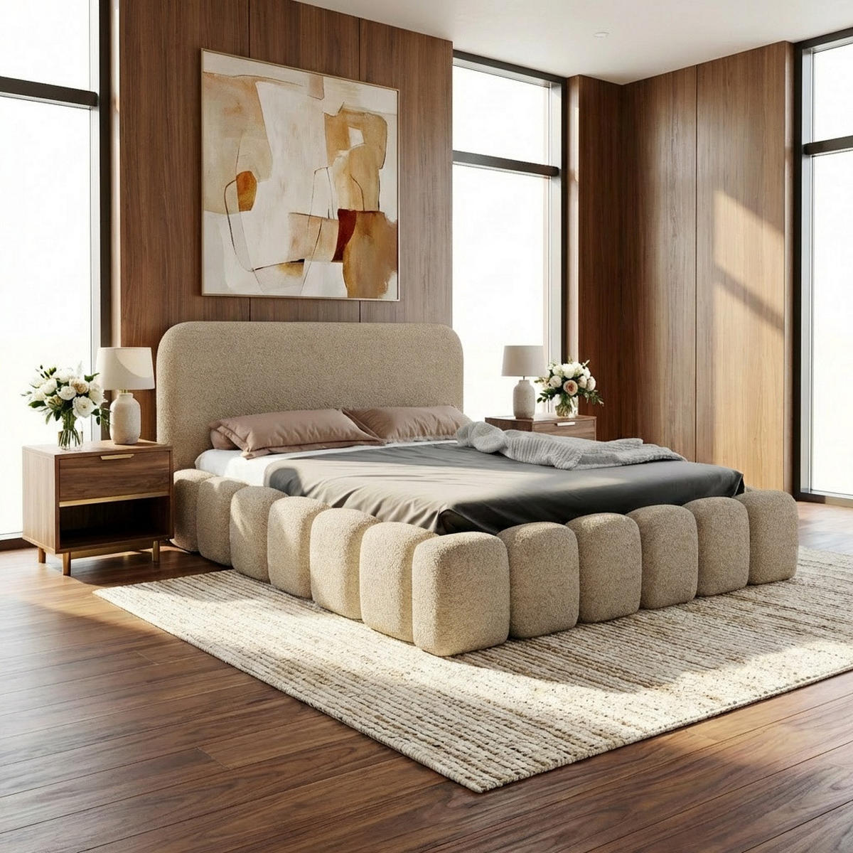 POLSTERBETT MONI 160x200 mit Bettkasten und Lattenrost – Bouclé Stoff MONTE Taupe - Weiß, Textil (160/200cm) - Luxkor24