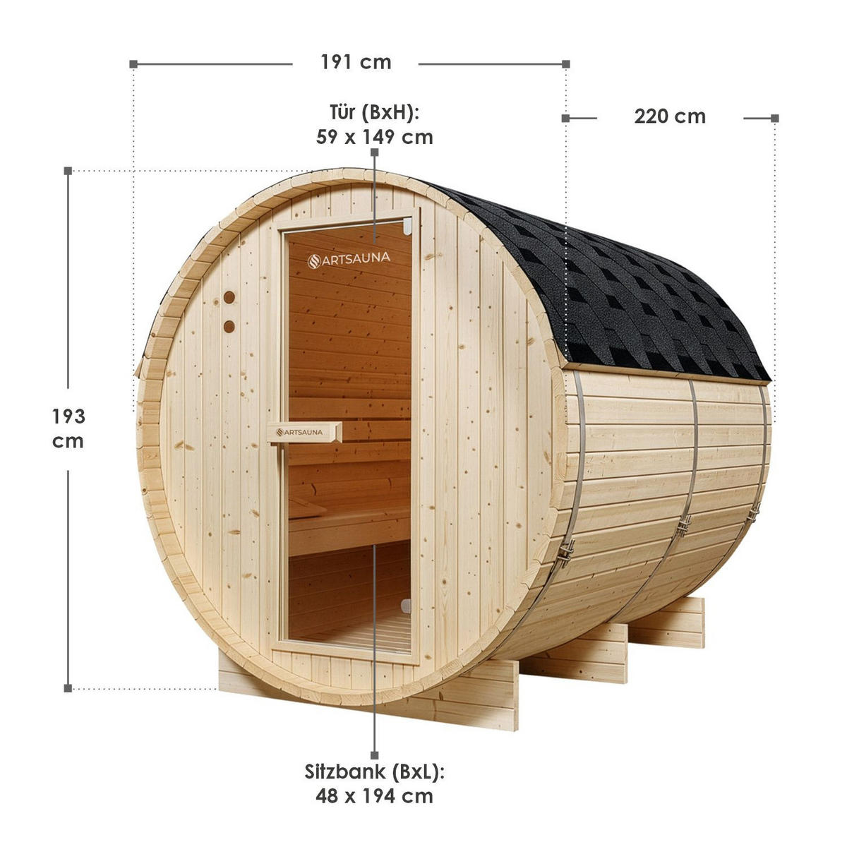 FASSSAUNA Spitzbergen 220 cm mit 8 kW Saunaofen (6 Personen) - Naturfarben, Holz (191/193/220cm) - Artsauna