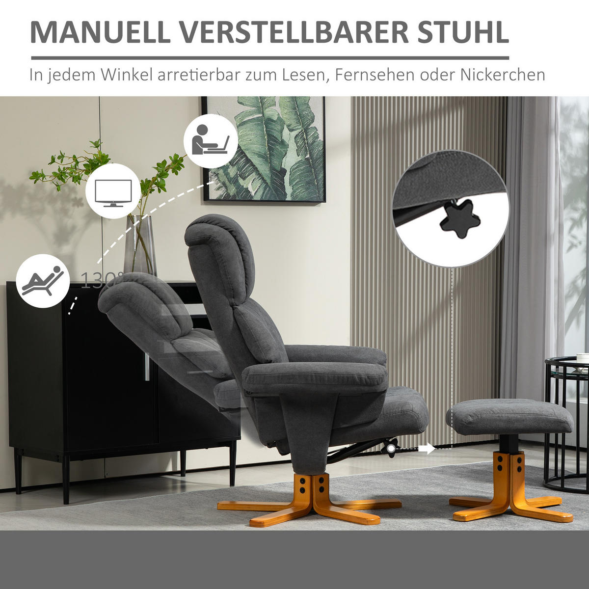 RELAXSESSEL mit Liegefunktion, Liegesessel mit Hocker, Fernsehsessel - Dunkelgrau, Textil (80/104/79cm) - HOMCOM