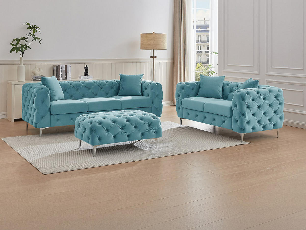 CHESTERFIELD-SOFA 3-Sitzer, 2-Sitzer & Chesterfield-Hocker - Samt - Pastellblau - EDWINA - Hellblau, Textil (91/76/220cm) - Vente-Unique