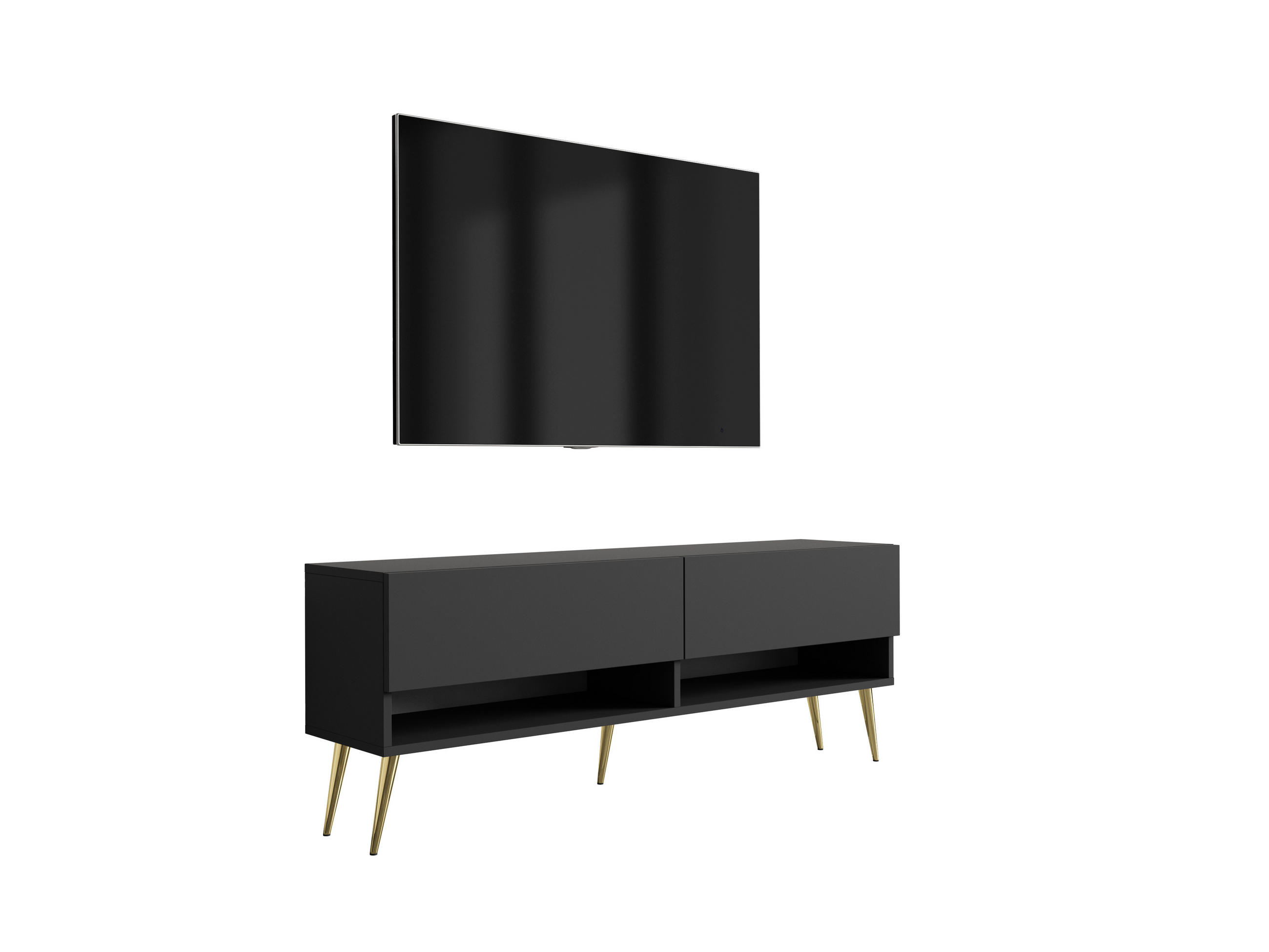 TV-LOWBOARD 140 cm Mattschwarz, goldene schräge Beine, 140 × 32 × 52 cm - Schwarz, Holzwerkstoff (140/52/32cm) - 3XE LIVING