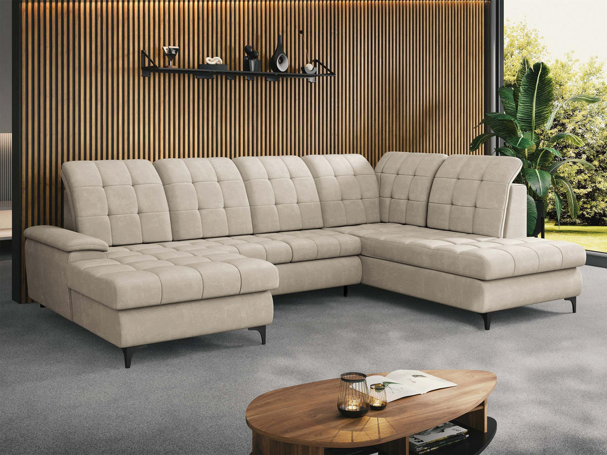 WOHNLANDSCHAFT Enzo, Seite: Links - Beige/Schwarz, Holz/Textil (330/105/212cm) - MIRJAN24