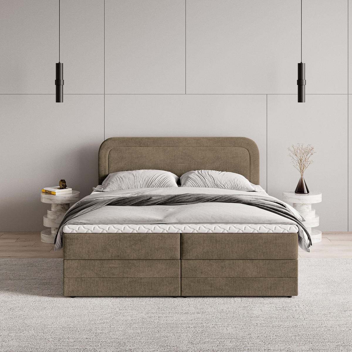 BOXBETT ARMEL 160x200 cm mit Matratze und Topper - Beige - Beige, Holz (160/200cm) - MASSENO