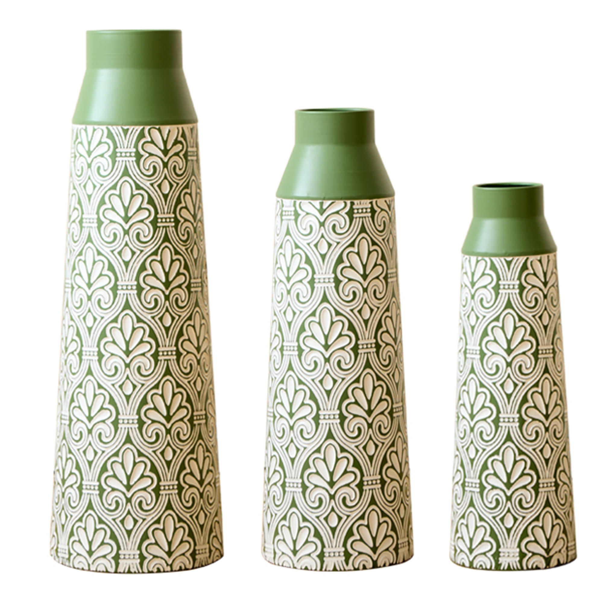 BODENVASE 3-tlg 61,5/51/43,5cm-Grüne Retro Metall Bodenvase für Trockenblumen Pampasgras - Grün, Metall (66.15cm) - Raelunyi