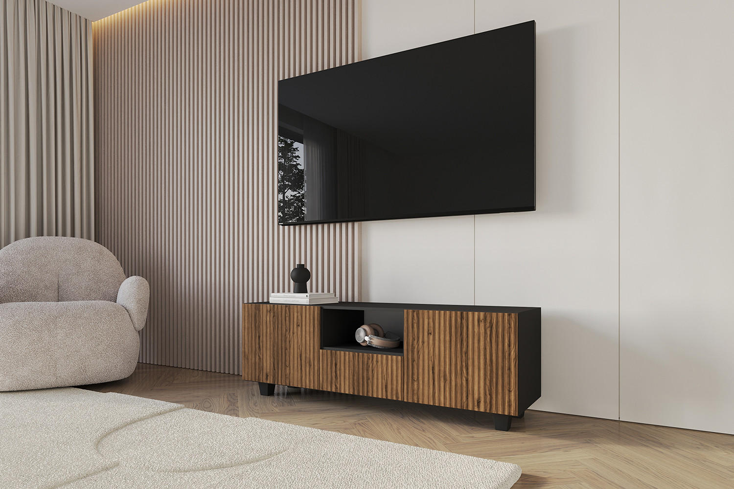 LOWBOARD NOA-2-S 140x50x41 cm - Schwarz / Katania - Eiche Wotan/Schwarz, Holzwerkstoff (140/50/41cm) - ALTDECOR