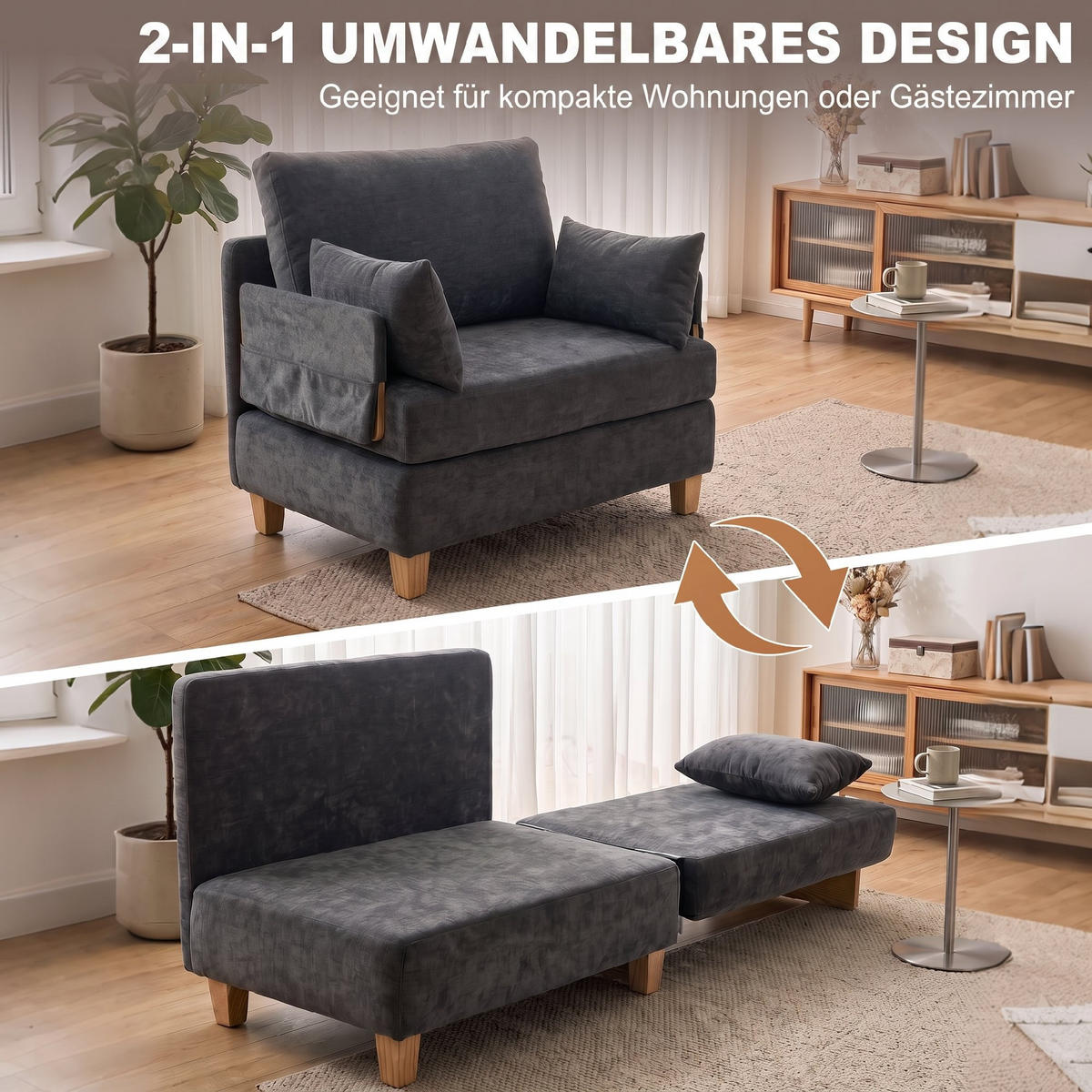 SCHLAFSESSEL Polyester Dunkelgrau - Dunkelgrau/Naturfarben, Holz/Textil (63/89/94cm) - HOMCOM