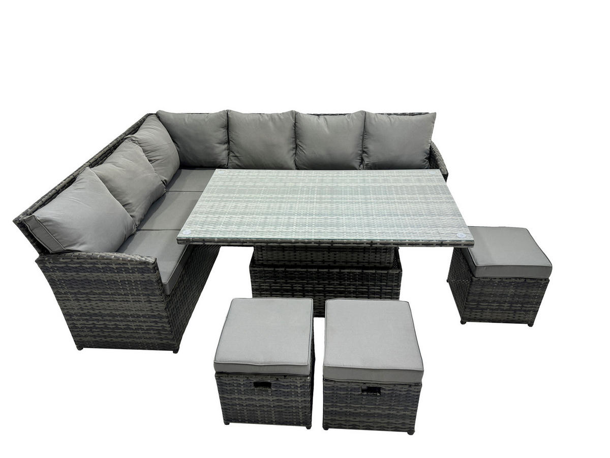 GARTENMÖBEL SET mit höhenverstellbarer Tisch Polyrattan Dunkelgrau 9-Sitzer - Dunkelgrau/Grau, Glas/Kunststoff - Fimous