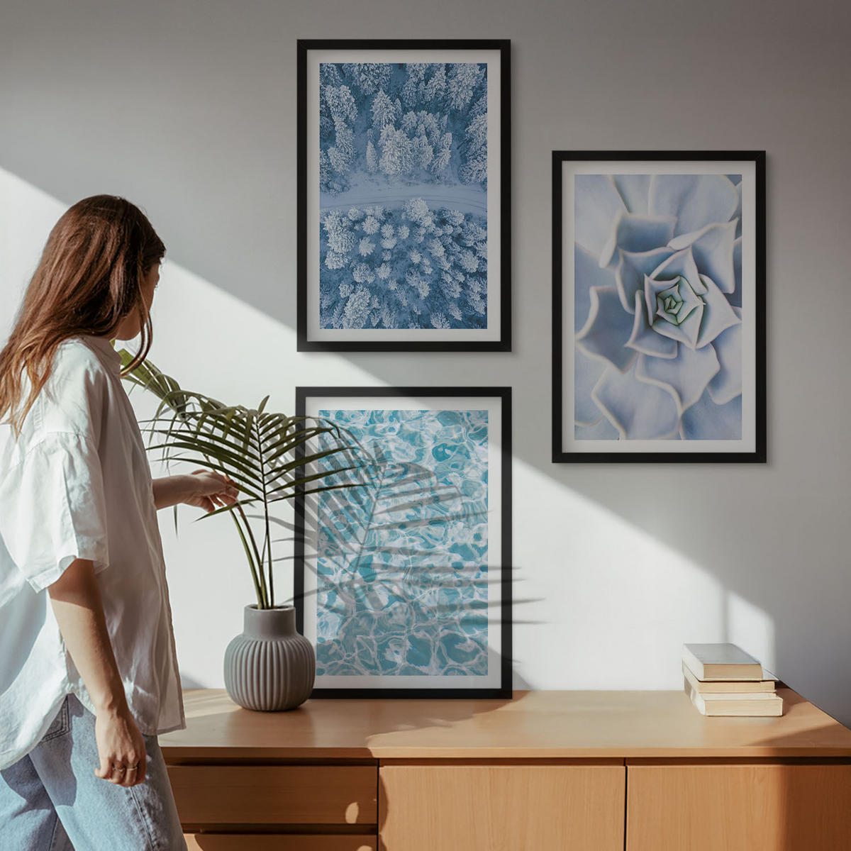 WANDBILDER 3er-Set - 40x60 cm Schwarzer Rahmen - Winterwald blaue Blume Wasser - Schwarz, Kunststoff (40/60cm) - ArtPrintCave