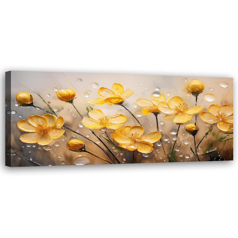 WANDBILD gelbe blumen pflanzen tautropfen - Gelb, Textil (90/30cm) - Feeby