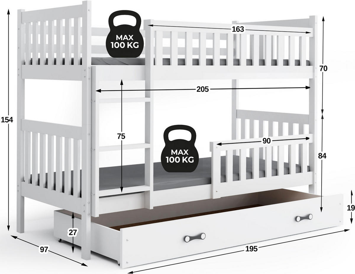 ETAGENBETT 90x200 in Weiß mit Lattenrost – Kinderbett mit Schublade & Rausfallschutz JAKOB - Weiß, Holz (90/200cm) - Interbeds