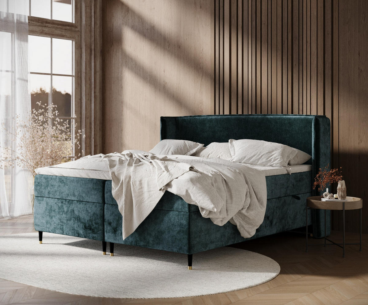 BOXSPRINGBETT Segni Türkisfarben 160/200 cm mit Matratze und Topper - Türkis/Schwarz, Holz/Holzwerkstoff (160/200cm) - Maison de Reve