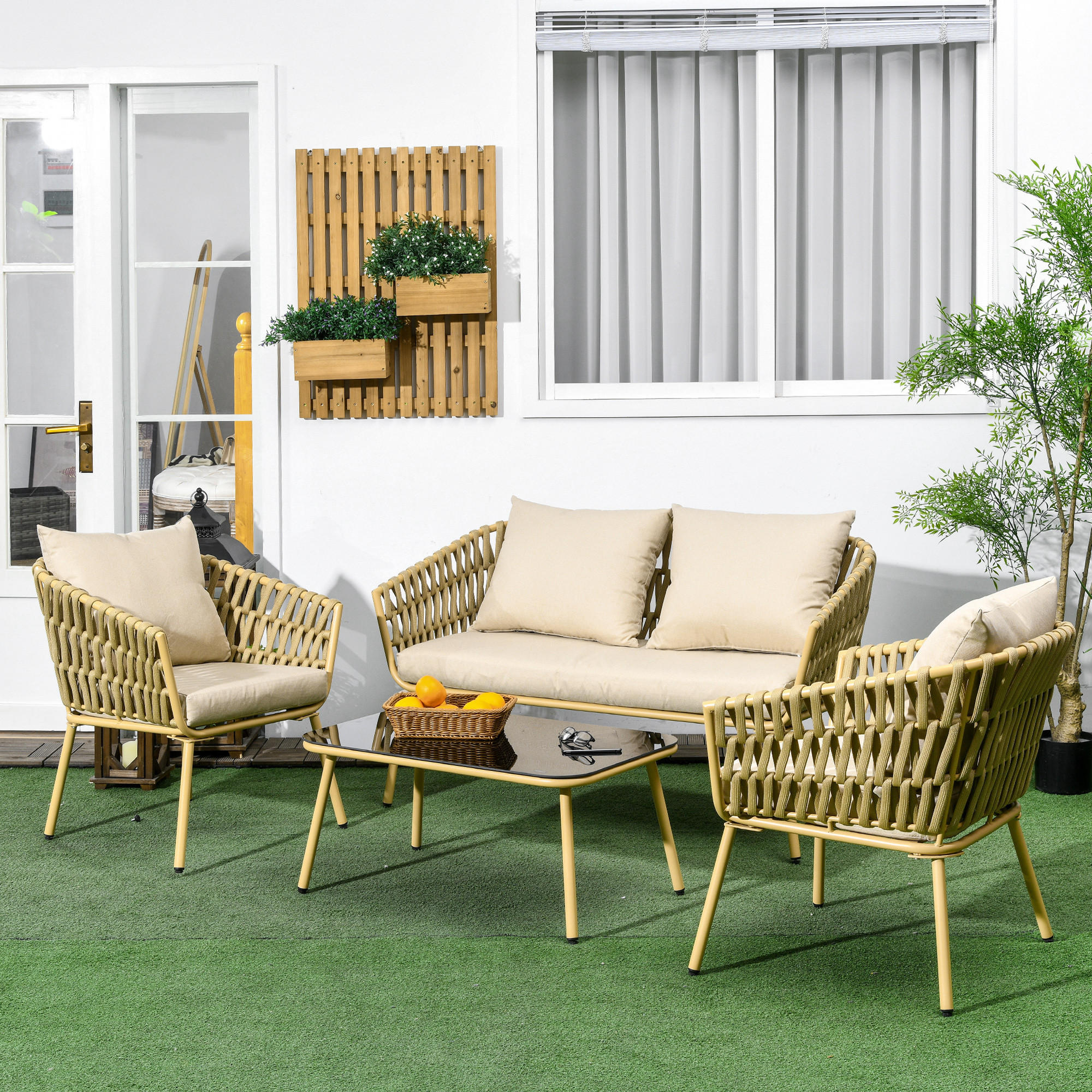 GARTENMÖBEL-SET mit Kissen, für Garten, Terrasse, Stahl, Khaki - Naturfarben, Kunststoff - Outsunny