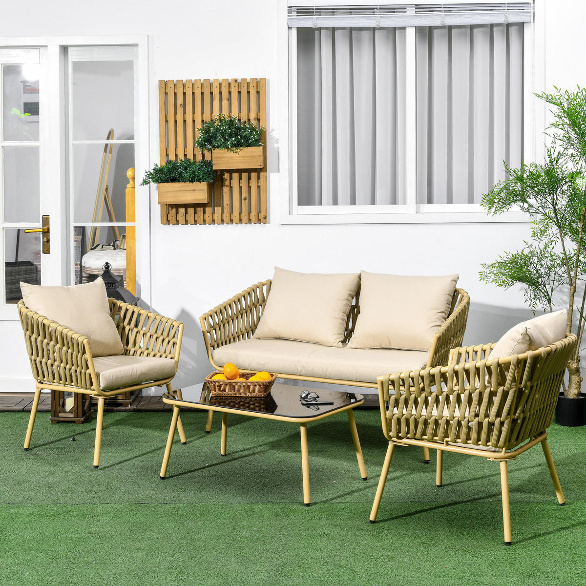 GARTENMÖBEL-SET mit Kissen, für Garten, Terrasse, Stahl, Khaki - Naturfarben, Kunststoff - Outsunny