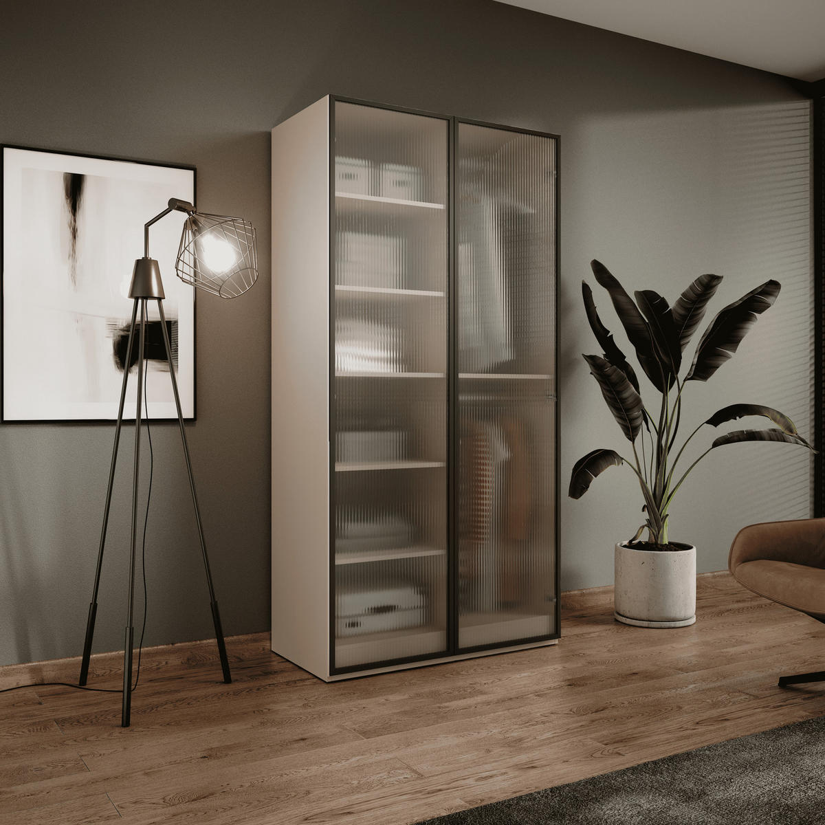 KLEIDERSCHRANK ZEN (Modular, Beige Matt, Geriffeltes Glas Flutes, 2-türig) - Beige/Schwarz, Holz/Holzwerkstoff (101/200/51cm) - Ravio