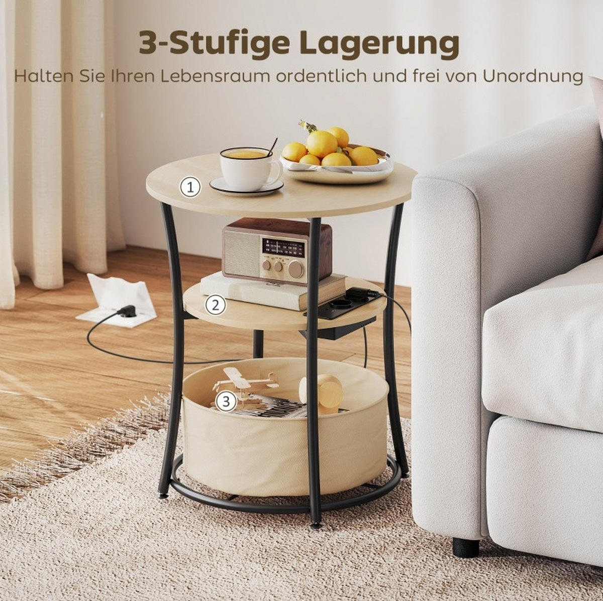 BEISTELLTISCH 50/50/55,1 cm mit Steckdosenleiste, 3 Ebenen und Stofftasche, Holz und Metall, Naturholz - Naturfarben, Holz (50/50/55.1cm) - Redom