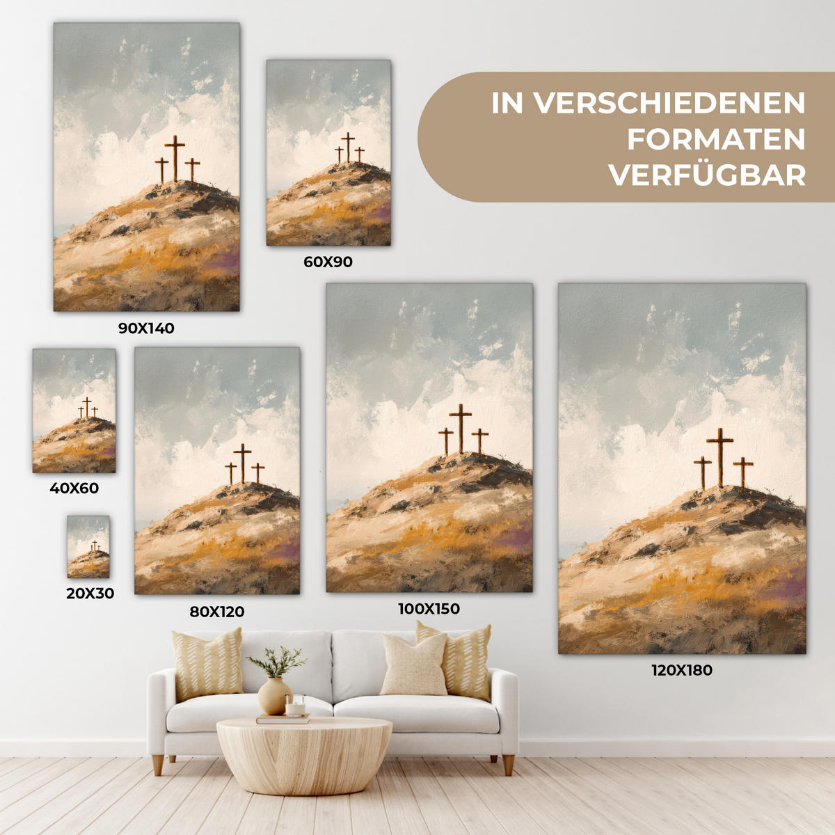 LEINWANDBILD Hügel - Abstrakt - Christentum - Kreuz Deko XXL 80x120 cm - Hellgrau, Textil (80/120cm) - MuchoWow