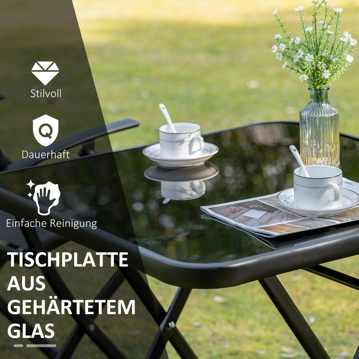 SITZGRUPPE, Schwarz, Metall, Glas, Mesh - Schwarz, Metall - Outsunny