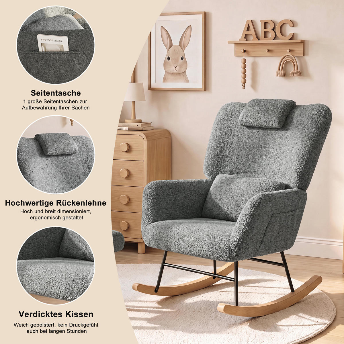 SCHAUKELSTUHL mit Hocker, Grau ,Lendenkissen, Kopfstütze, Seitentaschen und Massivholzsockel, Lammwolle Stoff-für Wohnzimmer, Schlafzimmer - Grau, Holz/Metall (75/42/93cm) - BursDany