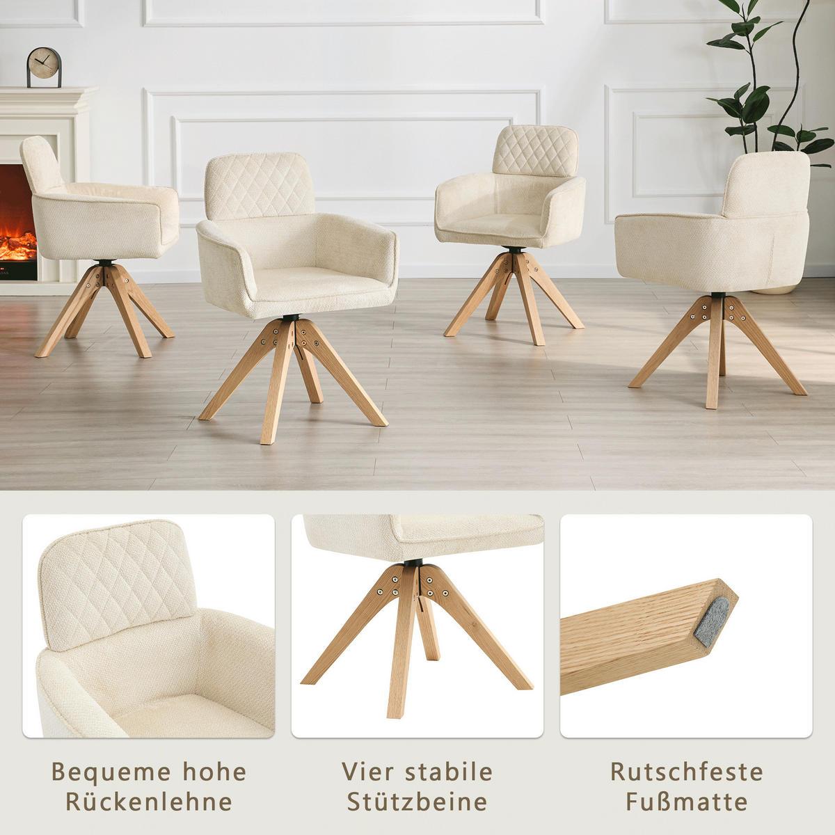 ARMLEHNSTUHL-SET DE-36622 2 Stück mit Stoffbezug und Massivholzbeinen Creme - Creme, Holz (51/85/53cm) - ComfortXL