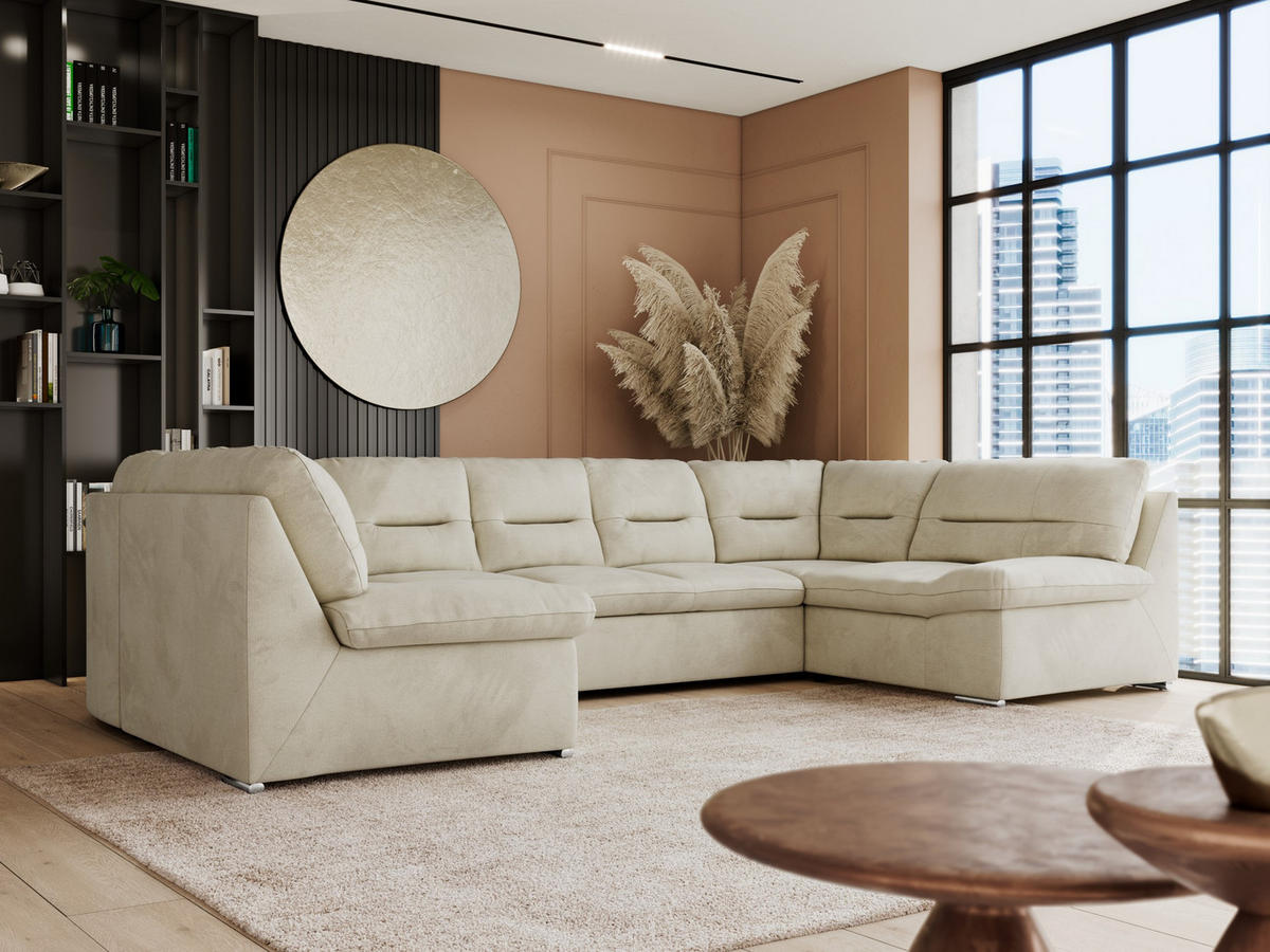 WOHNLANDSCHAFT COMODO U Beige Velvet - Beige/Silberfarben, Textil/Metall (340/93/206cm) - MKS