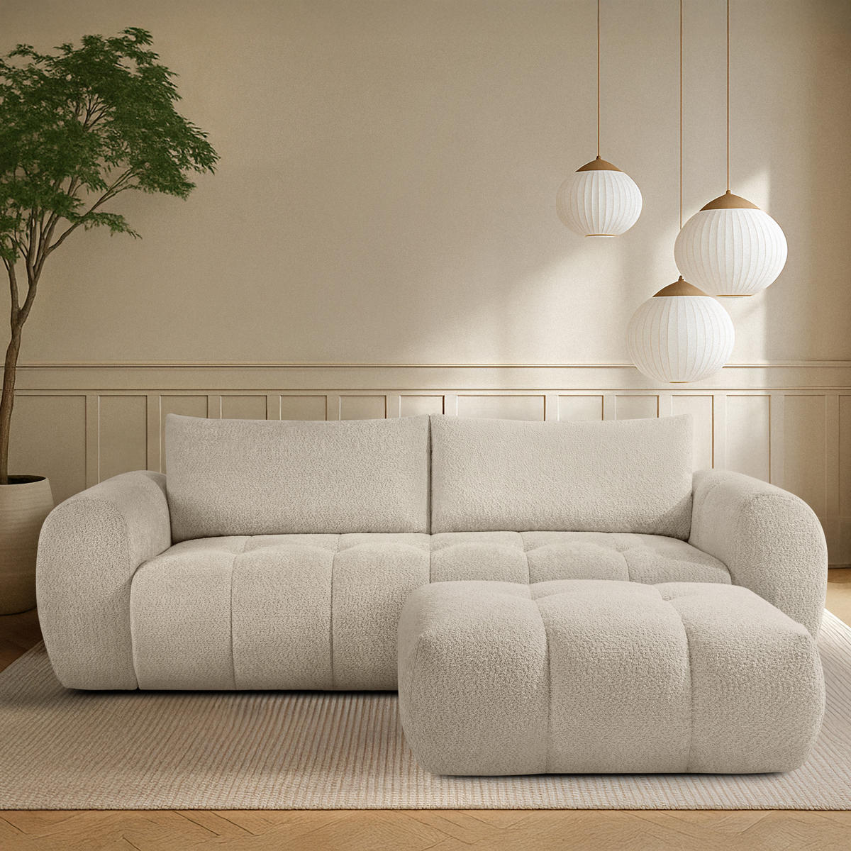 POUF LIRA, Weiß, Bouclé - Weiß, Holz/Holzwerkstoff (96/43/50cm) - KONSIMO®