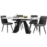 ESSTISCH-SET, MDF in Marmoroptik mit Ausziehtisch & 4 Samtstühlen, 99-159/74/77 cm, Weiß - Weiß, Holzwerkstoff - Redom