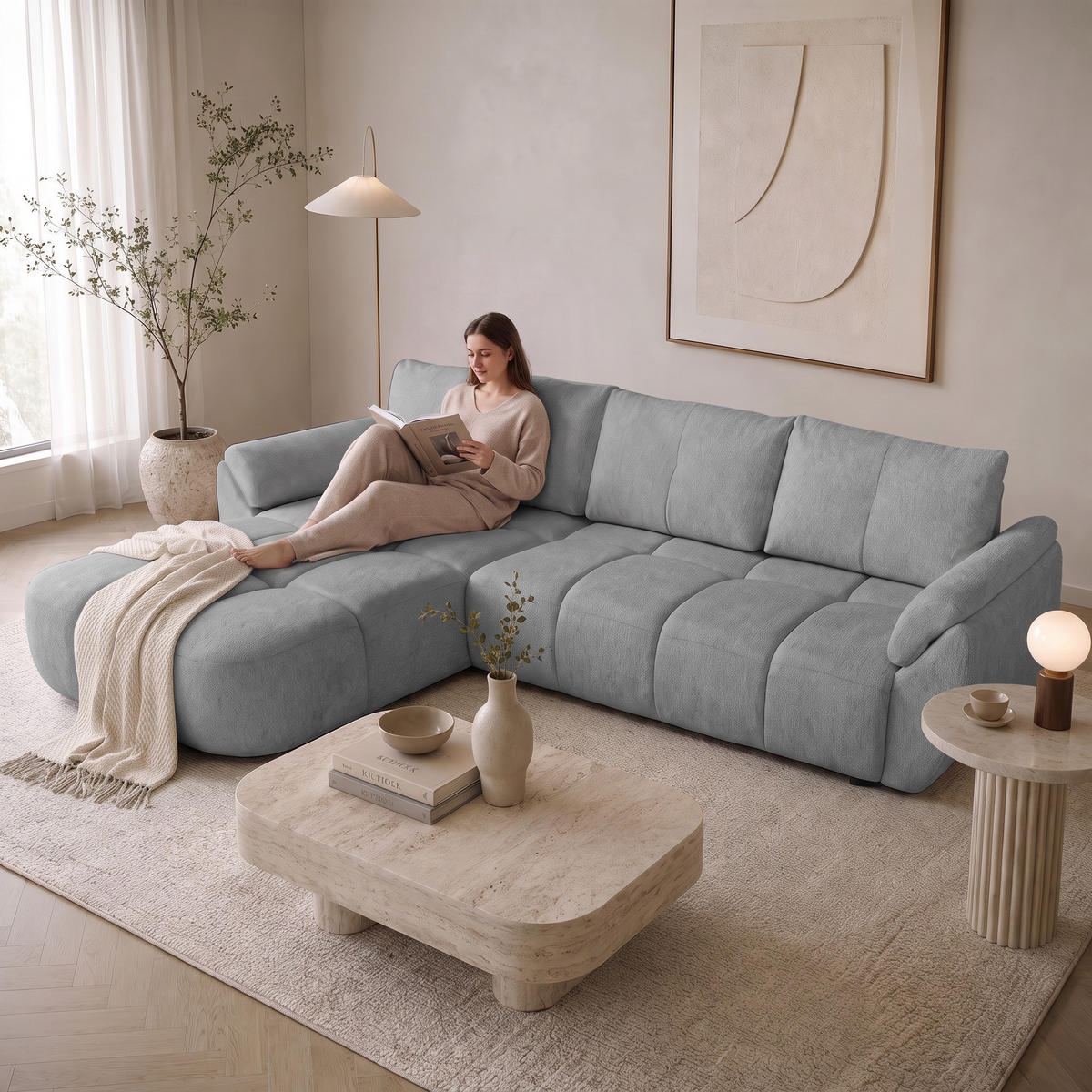 ECKSOFA Massimo, universelle Eckschlafsofa 280 cm mit Schlaffunktion und Bettkasten, Hellgrau - Hellgrau, Textil (283/204cm) - Beautysofa
