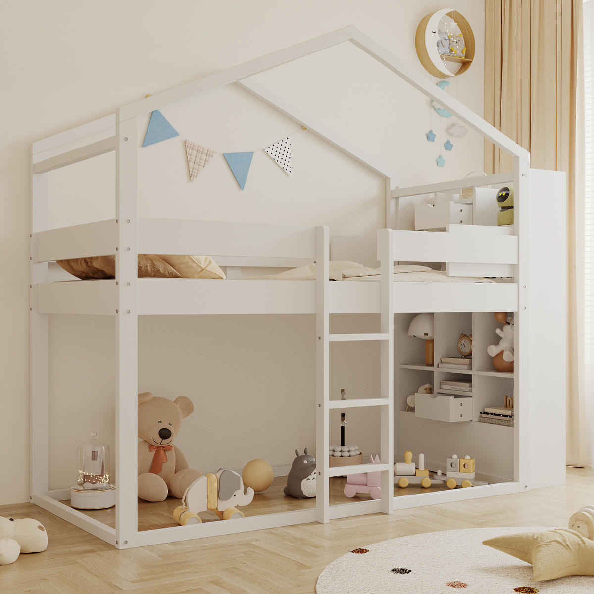 ETAGENBETT 90/200 cm weiß aus Massivholz mit Stauraum am Kopfteil - Weiß, Holz (90/200cm) - OKWISH