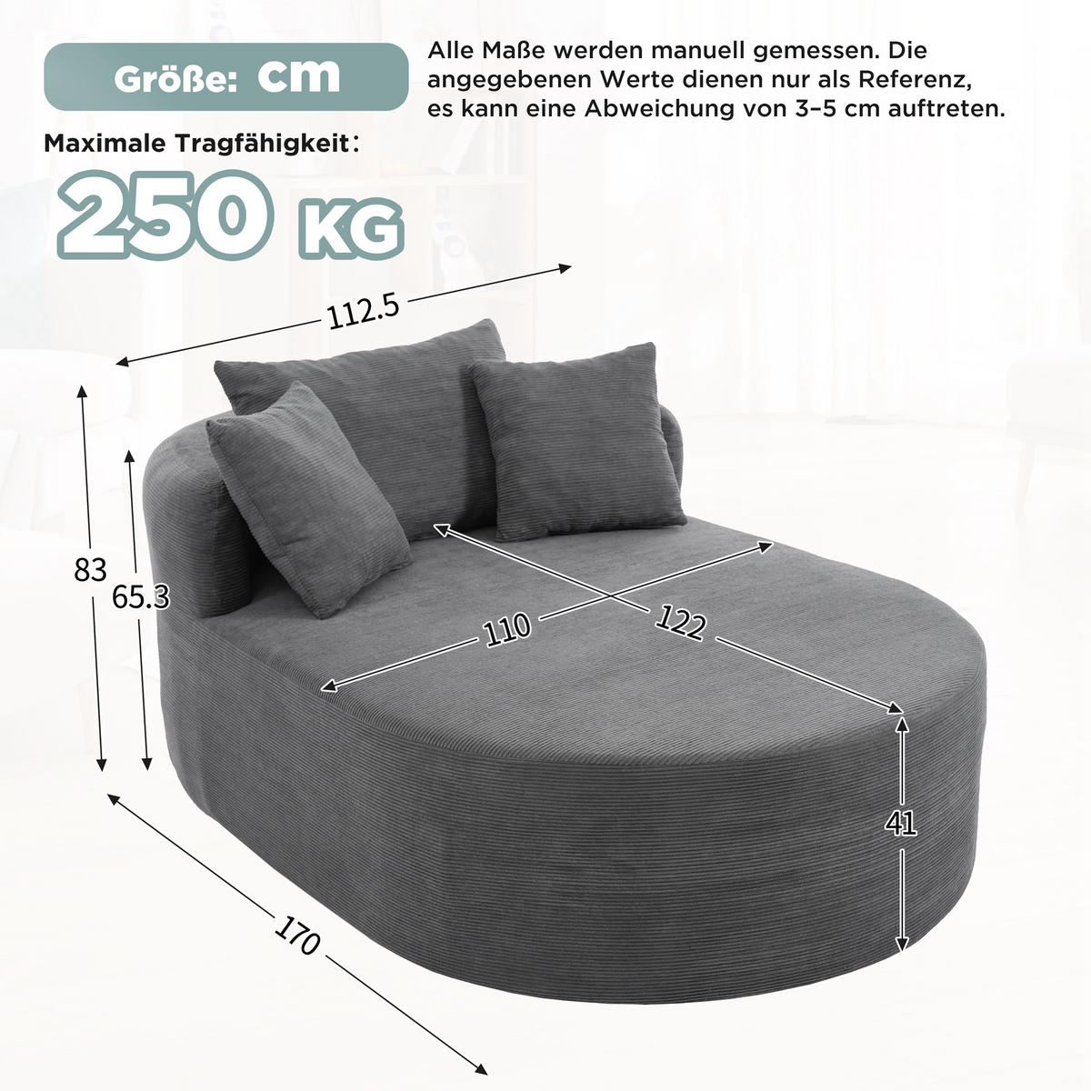 XXL-SESSEL montagefrei mit 122 cm Sitztiefe, DE-42520, Grau - Dunkelgrau, Textil (170/83/112.5cm) - ComfortXL
