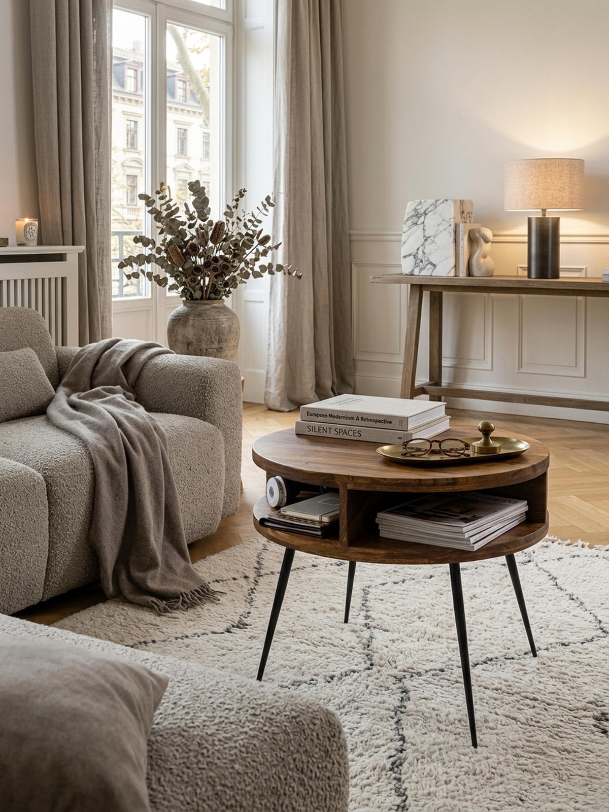 COUCHTISCH aus Sheesham Massivholz, Rund mit 4 Ablagefächern, Gestell aus Schwarzem Metall - Schwarz/Braun, Holz/Metall (60/60/45cm) - KADIMA DESIGN