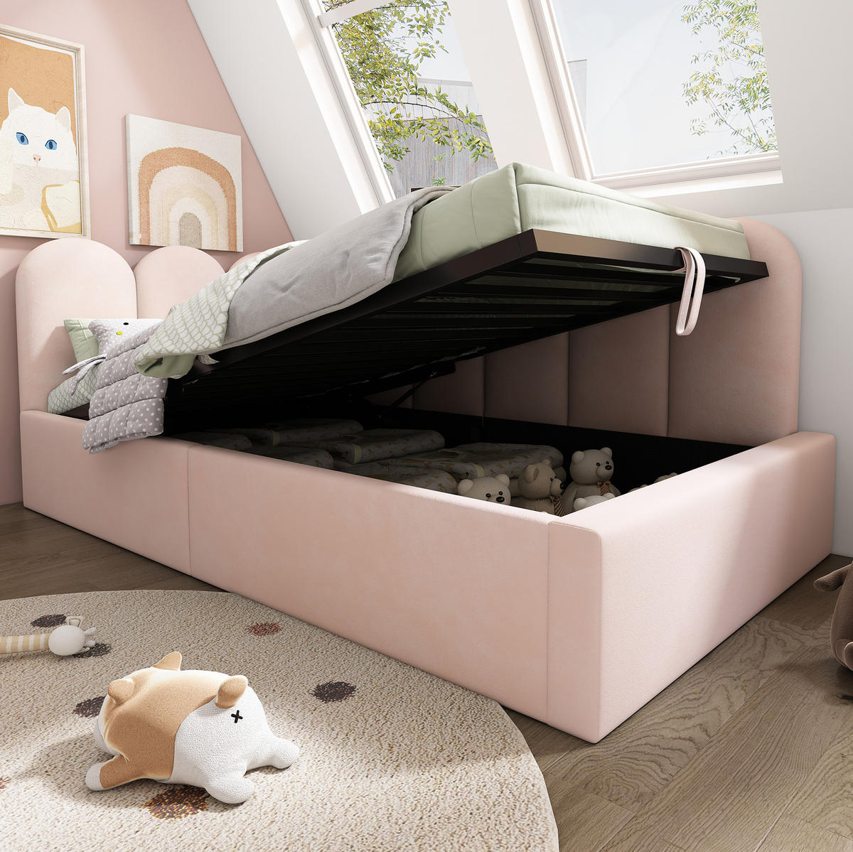 ČALÚNENÁ posteľ 90/200 cm ružová zo zamatu s úložným priestorom a kovovým lamelovým roštom - pink, textil (90/200cm) - OKWISH