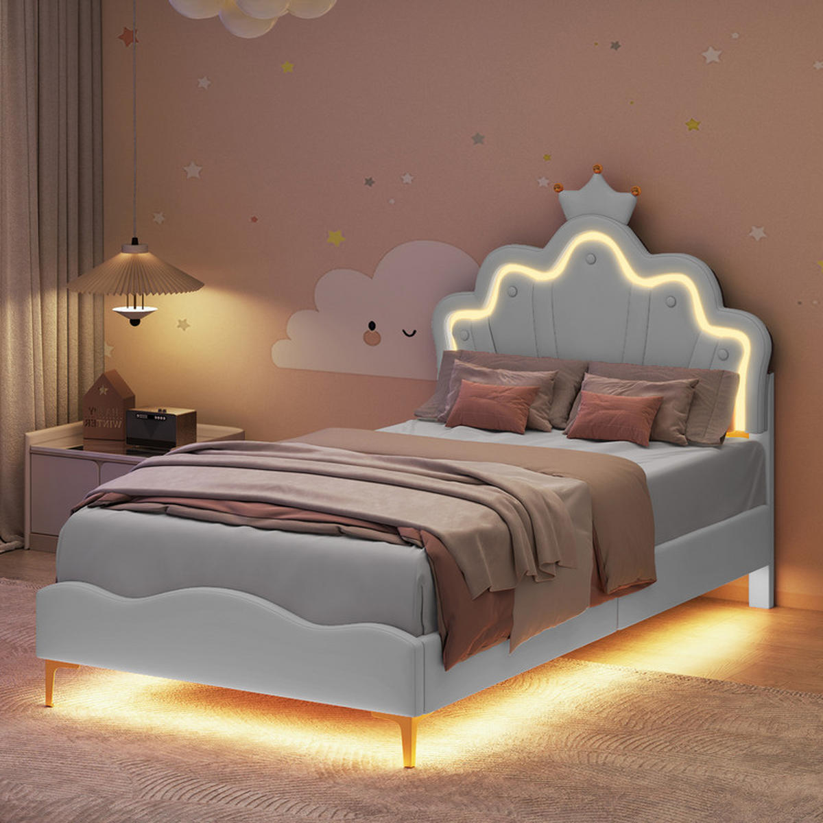 KINDERBETT 90x200 cm, mit LED-Lichtleiste und Lattenrost, PU, Weiß, ohne Matratze - Weiß, Holz (90/200cm) - WoodenAura